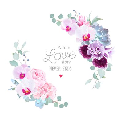 Çiçek vektör yuvarlak çerçeve mor orkide, pembe Gül, ortanca