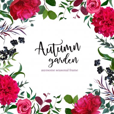 Grenery mix kare vektör çerçeve bordo kırmızı çiçekli