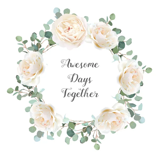 Creamy white roses and silver dollar eucalyptus branches vector — Stock Illustration Creamy white roses and silver dollar eucalyptus branches vector Stock Vector