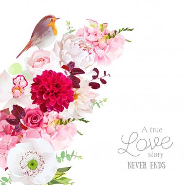 Pembe, şarap rengi kırmızı ve beyaz bahar düğün çiçekleri