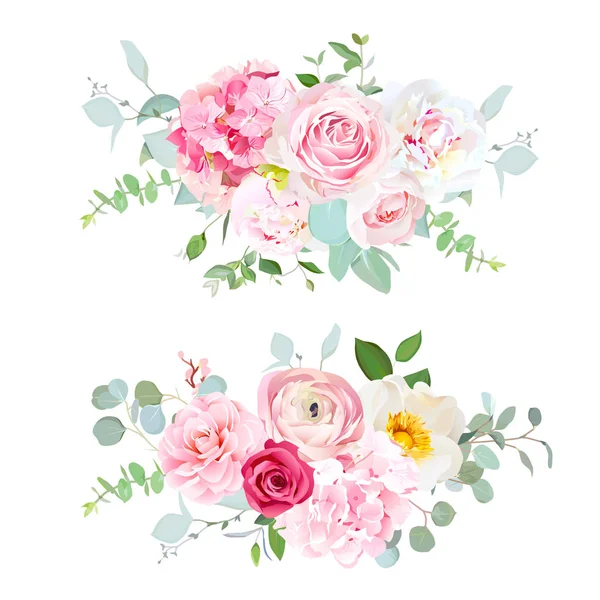 Hortensia rosada, rosa roja, peonía blanca, camelia, ranúnculo, euc — Vector de stock
