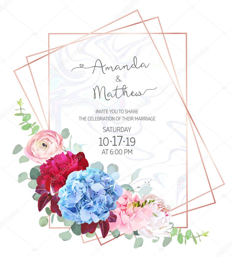Polygonal floral vector design frame with marble textured backgr