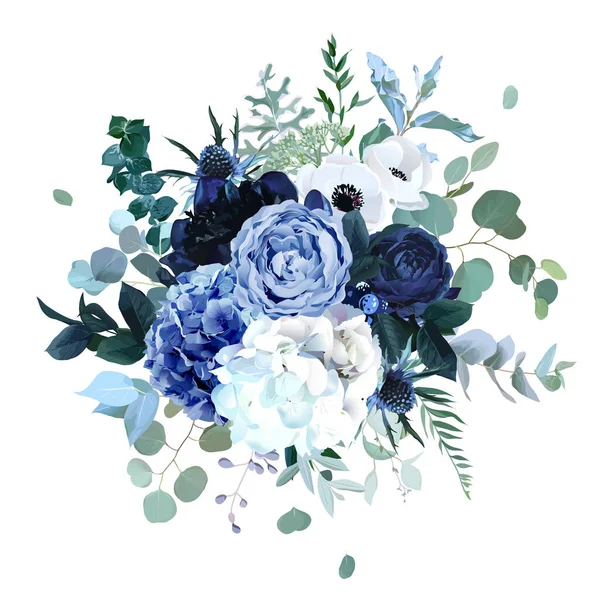 Royal blue, navy garden rose, white hydrangea flowers, anemone,