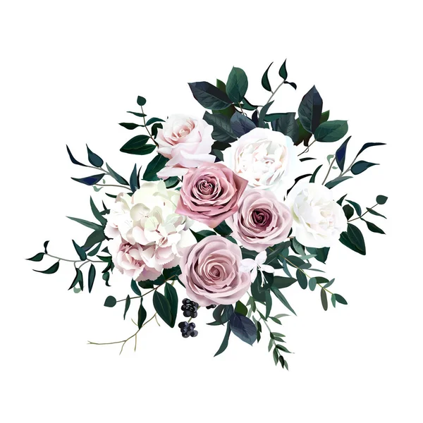 ほこりっぽいピンク、パステル、白い花の魅力的なベクトルデザインの結婚式の花束 — ストックベクタ