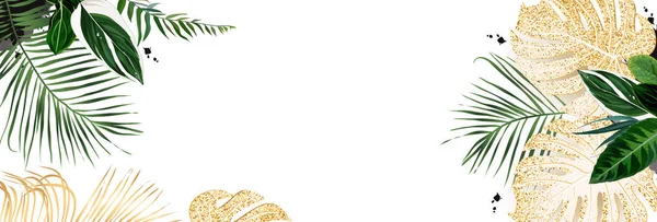 Тропічний банер, організований з екзотичного смарагдового і золотистого блискучого листя — стоковий вектор