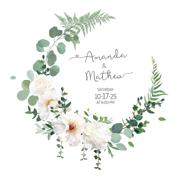 Verdure et pivoine blanche, motif vectoriel fleurs roses cadre d'invitation rond — Image vectorielle