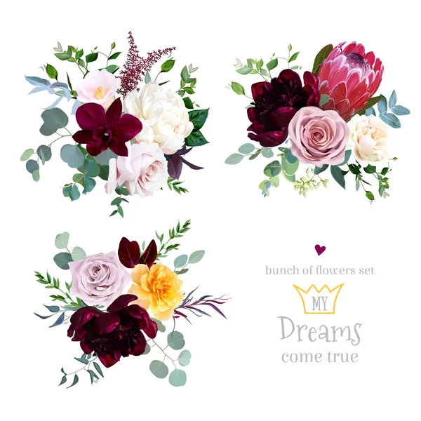 Dusty pink, yellow and creamy rose, magenta protea, burgundy and white peony flowers — Stock Vector