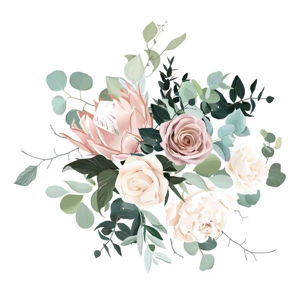 Salvia de plata y rubor flores rosas diseño vectorial ramo . — Vector de stock