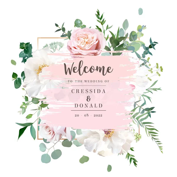 Elegante tarjeta floral vectorial con peonía leñosa blanca y cremosa, rosa polvorienta — Vector de stock