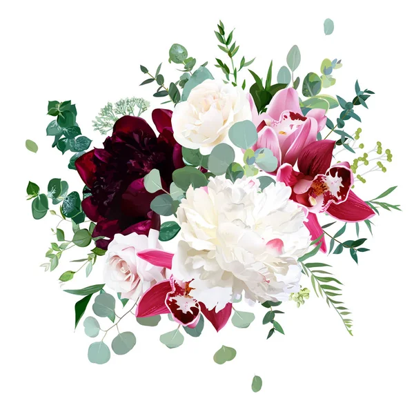 Elegant blommig vektor bukett med vit och vinrött pion — Stock vektor