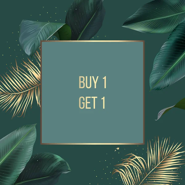 Emerald green and golden palm leaves vector design frame. — 스톡 벡터