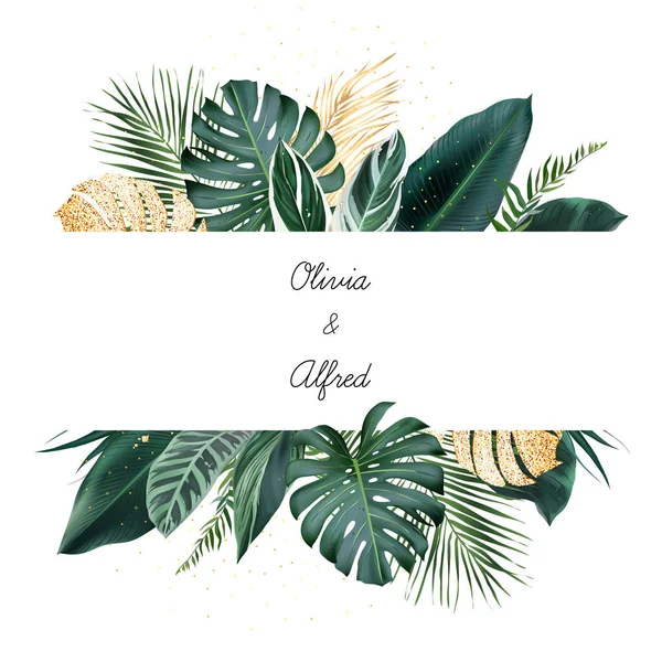 Bannière tropicale disposée à partir de feuilles exotiques d'émeraude et de paillettes dorées — Image vectorielle