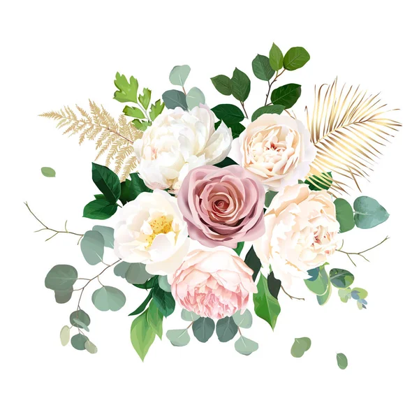 Пиловий рожевий рум'яна, білий і кремовий троянди квіти векторний дизайн весільний букет — стоковий вектор