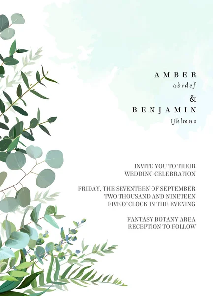 Greenery botanical wedding invitation. Watercolor style splash — 스톡 벡터