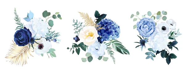 Klassieke blauwe, witte roos, witte hortensia, ranunculus, anemoon, distelbloemen, groen en eucalyptus — Stockvector