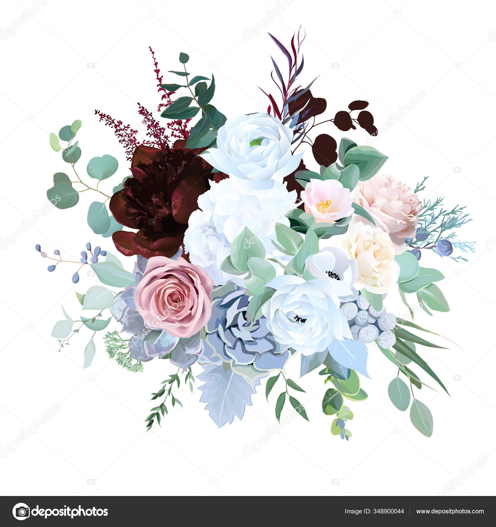 Elegant Floral Vector Bouquet Burgundy Red Peony Dusty Pink Rose Vector Image By C Lavendertime Vector Stock 348900044