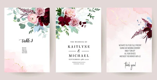 Elegant Wedding Cards Pink Watercolor Texture Spring Flowers Burgundy Red — Stock Vector