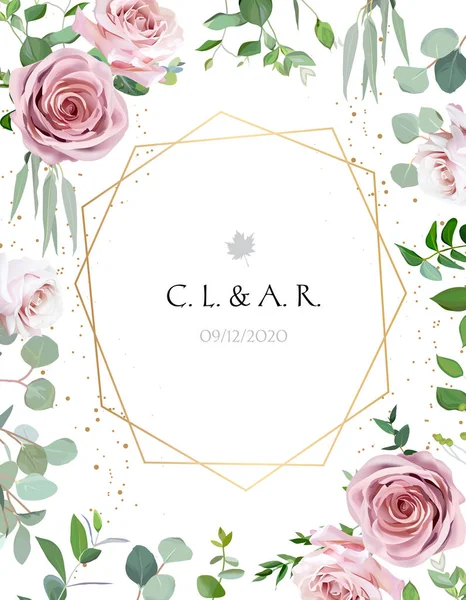 Cadre Vectoriel Floral Géométrique Rose Rose Pâle Blanc Crème Eucalyptus — Image vectorielle