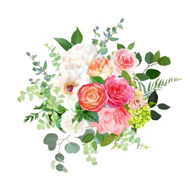 Turuncu Ranunculus, pembe gül, beyaz şakayık, ortanca, Juliet gülü, bahçe çiçekleri.