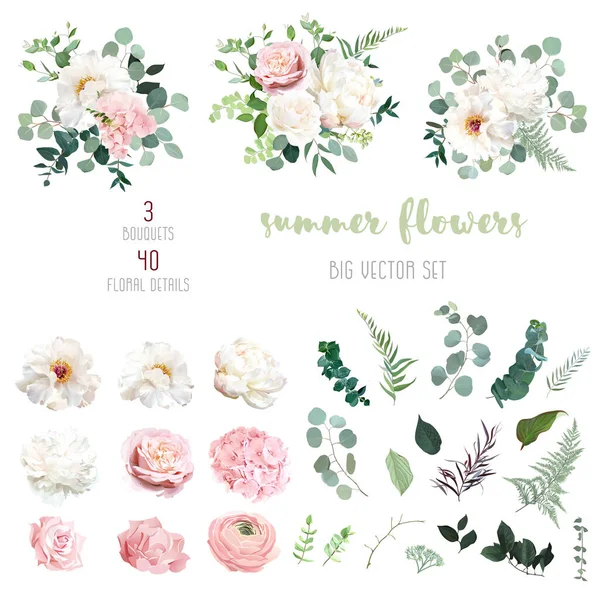 Blush roze roos en salie groen, ivoor pioen, hortensia, ranunculus bloemen — Stockvector