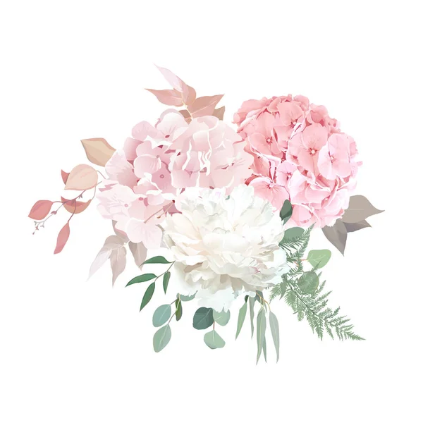 Dusty pink blush, white and creamy hydrangea, peony flowers vector design - Stok Vektor