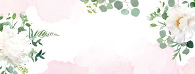 Pembe suluboya desenli ve çiçekli geçmişe dönük narin düğün afişi. Beyaz şakayık, okaliptüs, yeşillik. Çiçek vektör tasarımı. Düz kart, blog şablonu. Elementler izole ve düzenlenebilir.