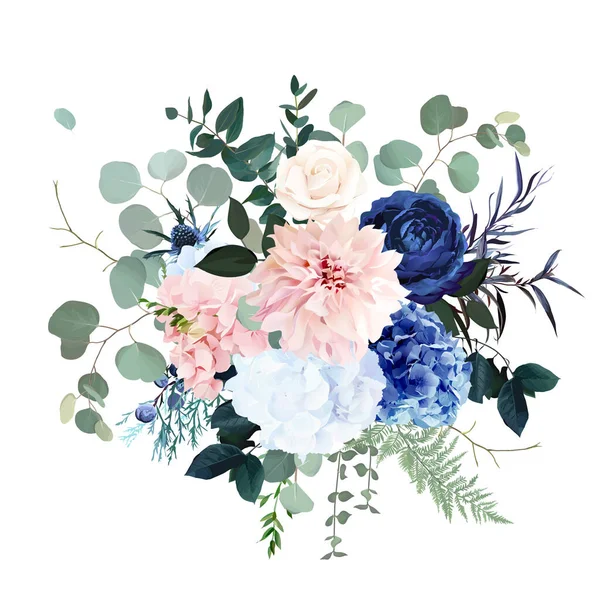 Klassisch blaue Rose, rosa Hortensie, Hahnenfuß, Dahlie, Distelblüten, Smaragdgrün — Stockvektor
