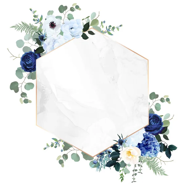 Bleu royal, rose marine, fleurs blanches d'hortensia, anémone, chardon, eucalyptus — Image vectorielle