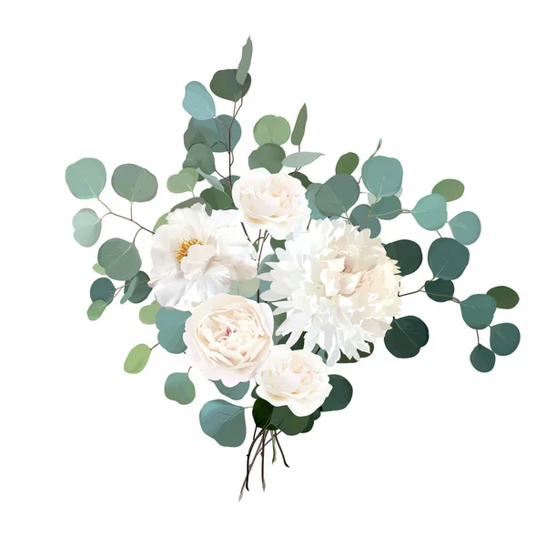Rosa beige marfil, peonía blanca, ranúnculo, crisantemo flor vector diseño ramo de boda — Vector de stock