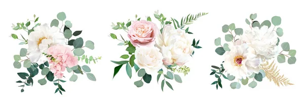 Розовая роза и шалфей, пион из слоновой кости, гортензия, цветки ранункулуса — стоковый вектор