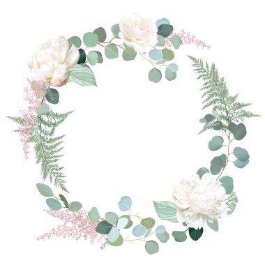 Yeşillik ve beyaz şakayık, gül çiçeği vektör tasarımı yuvarlak davet çerçevesi