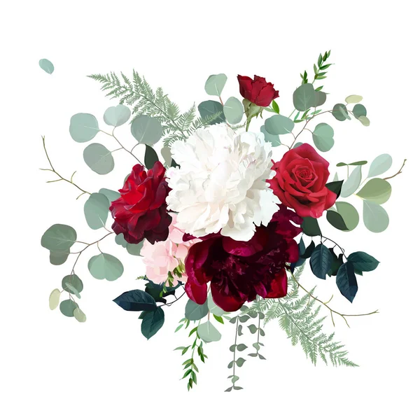 Mawar merah klasik, peoni putih dan burgundy, hidrangea merah muda - Stok Vektor
