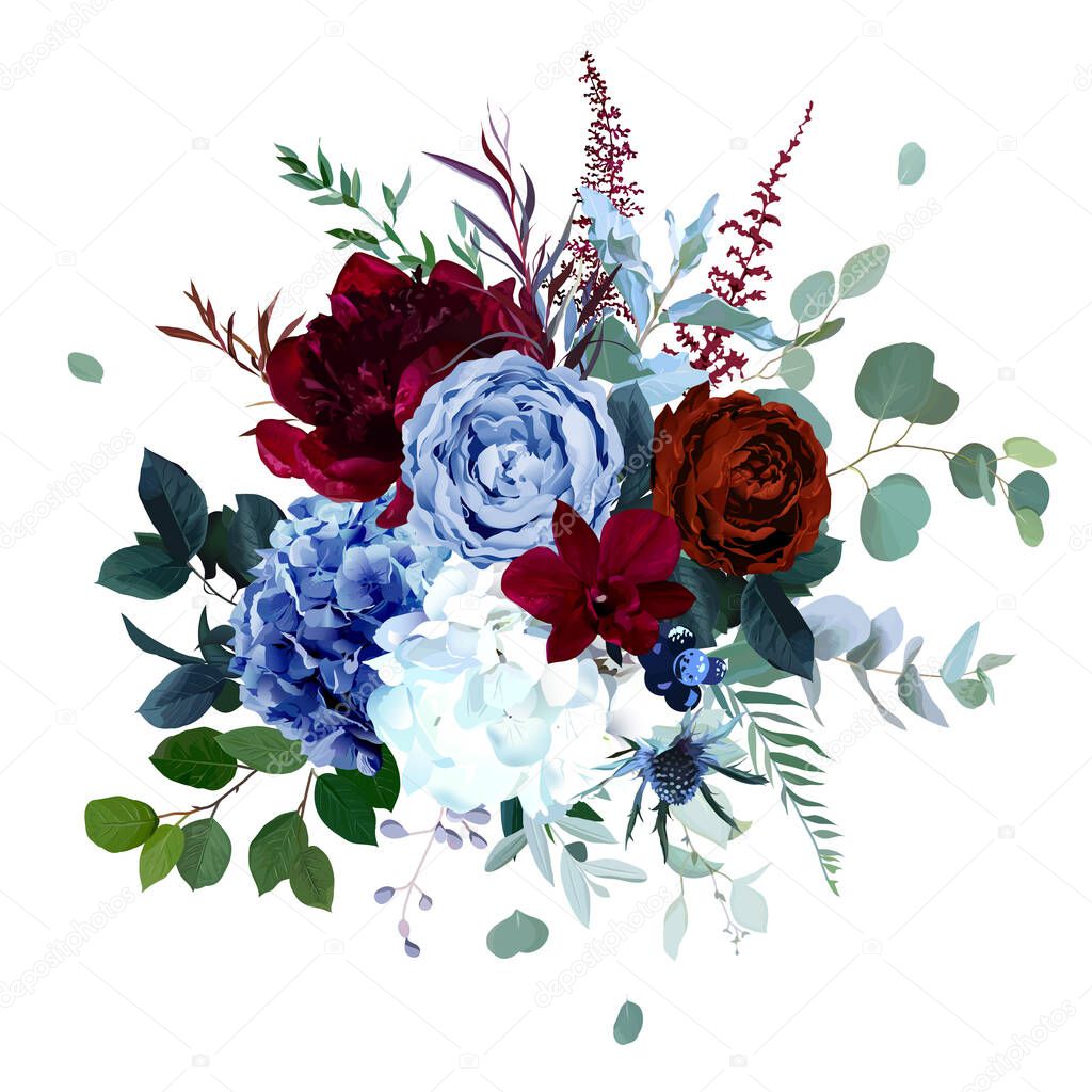 Royal blue, navy garden rose, white hydrangea, burgundy red peony flowers