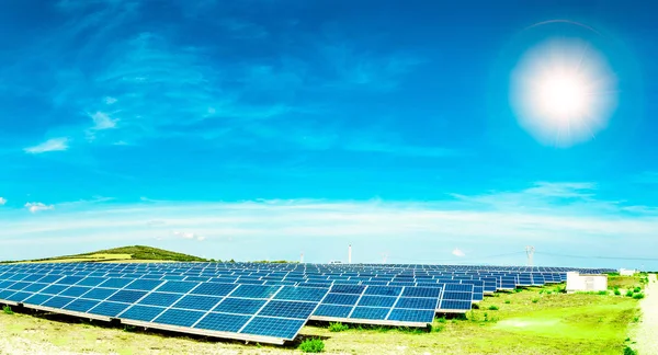 Feld der Photovoltaik-Paneele bei sonnigem Tag — Stockfoto