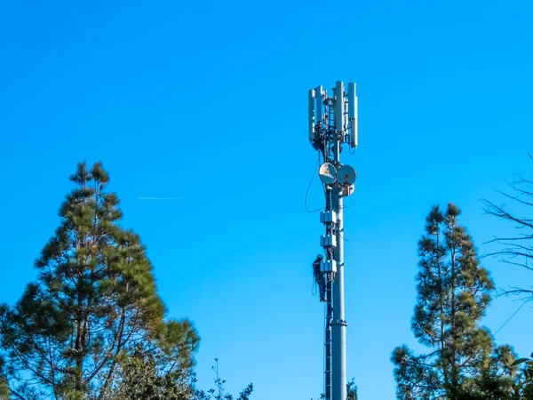 Trabajadores que trabajan en una antena Imagen de stock