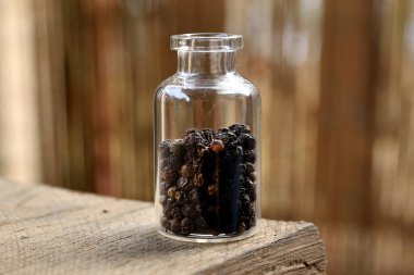 Küçük cam bir şişede koca bir karabiber topları.