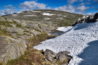 Yaz başında Norveç dağlarında, Bergen yakınlarında eriyen bir kar gölü olan liken ve kayalıklarla kaplı bir kar tarlası. Kümülüs mavisi gökyüzü.