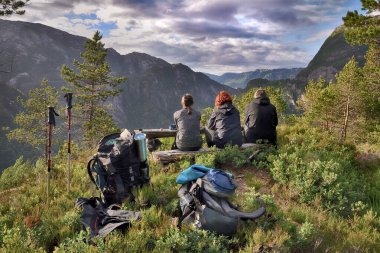 Üç yürüyüşçüden oluşan bir grup Norveç ormanında dinleniyor, oturuyor, vadiyi izliyor. Sırt çantaları yerde, yürüyüş direkleri, küçük ağaçlar. Erkek ve iki kadın. Eski ahşap bank, dinlenme yeri. Bergen bölgesi..