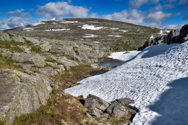 Yaz başında Norveç dağlarında, Bergen yakınlarında eriyen bir kar gölü olan liken ve kayalıklarla kaplı bir kar tarlası. Kümülüs mavisi gökyüzü.