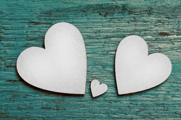 Two Big Silver Wooden Hearts One Small Heart Them Green — Stock Photo, Image