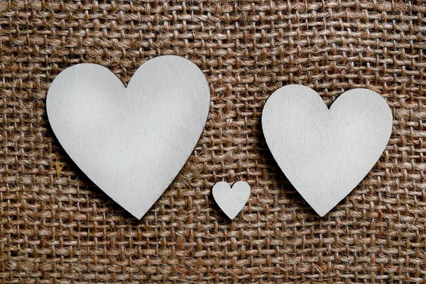 Two Big Silver Wooden Hearts One Small Heart Them Brown — Stock Photo, Image