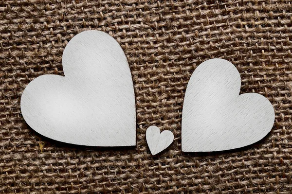 Two Big Silver Wooden Hearts One Small Heart Them Brown — Stock Photo, Image