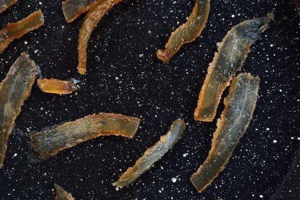 Fried Crunchy Salt Bacon Slices Black Granit Pan Top Wiev — Stock Photo, Image
