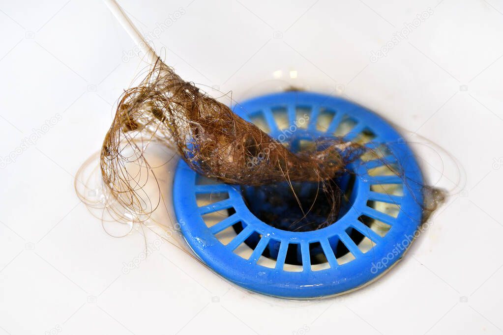 strainer in the sink clogged with hair, falling hair,hair in the sink wiped with a cotton swab