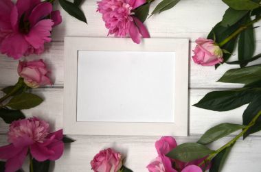 Beyaz rustik ahşap zemin üzerinde pembe peonies çarpıcı. Uzay kopyalayın. Resim veya fotoğraf için beyaz çerçeve