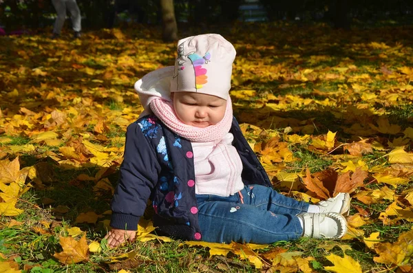 Herfst outdoor portret van mooi gelukkig kind meisje wandelen in park of bos in warme gebreide sjaal — Stockfoto