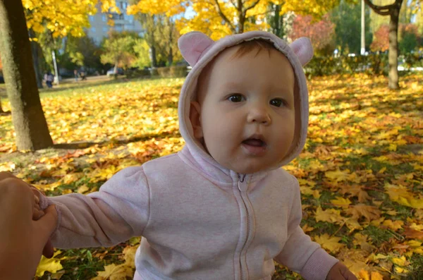 Weinig en heel mooi meisje zit in de kinderwagen en wachten f — Stockfoto