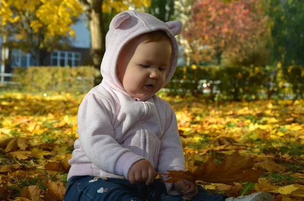 Schattig gelukkig meisje gooien de gevallen bladeren omhoog, spelen in de herfst park — Stockfoto