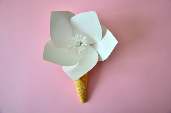 Bellissimo fiore di carta in cono gelato in mano alle ragazze con manicure su sfondo rosa — Foto Stock