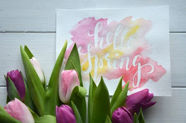 Foråret blomster banner - flok lyserøde og violette tulipan blomster på lyserød baggrund, smukke tulipaner på træ baggrund - Stock-foto